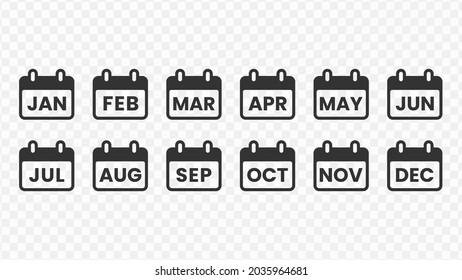 Transparent month one year icon png, vector illustration of january to december icon in dark color and transparent background(png)