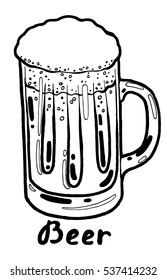 Transparent mug of cold fresh beer with foam and bubbles. Hand drawn isolated illustration with the inscription on a white background