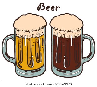 Transparent mug of cold fresh beer with foam and bubbles. Hand drawn isolated illustration with the inscription on a white background