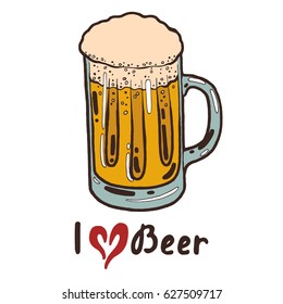 Transparent mug of cold fresh beer with foam and bubbles with the inscription "I love beer". Hand drawn isolated illustration on white background