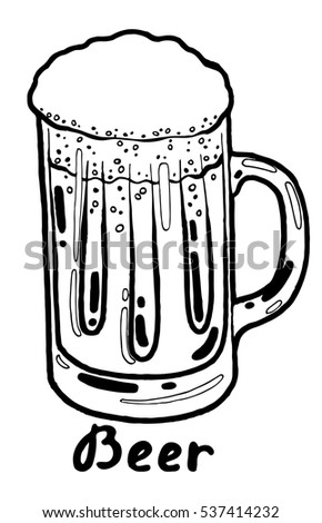 Transparent mug of cold fresh beer with foam and bubbles. Hand drawn isolated illustration with the inscription on a white background