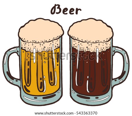 Transparent mug of cold fresh beer with foam and bubbles. Hand drawn isolated illustration with the inscription on a white background