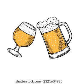 Transparent mug and glass with beer. Hand drawn sketch art vector illustration. Isolated on white background.