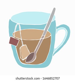 Transparent mug with handle, with tea and a tea bag and a teaspoon. Pleasant tea party. Reviver. Passing color vector illustration isolated on a white background.