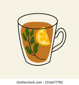 Transparent mug with herbal tea and lemon. Flat design, cartoon style, vector illustration.