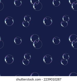 Transparent multicolored soap 3D bubbles on dark blue background seamless pattern. Detergent foam rainbow colored ball. Vector illustration.