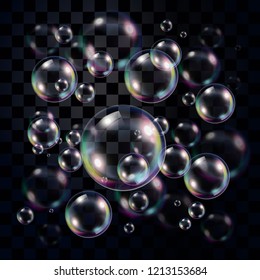 Transparent and multicolored soap bubbles over dark background, editable vector for usage over your own background