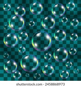 Transparent and multicolored soap bubbles over turquoise. Easy to put over any background