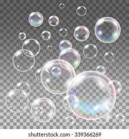 Transparent Multicolored Soap Bubbles Set. 
Sphere ball, blue water and foam, aqua wash. 
Water Bubbles Pattern on Transparent Background. Vector illustration