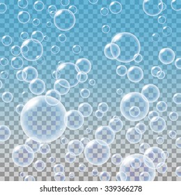 Transparent Multicolored Soap Bubbles Set. 
Sphere ball, blue water and foam, aqua wash. 
Water Bubbles Pattern on Transparent Background. Vector illustration