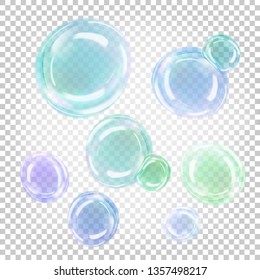 Transparent multi-colored soap bubbles. Vector illustration isolated on white background.