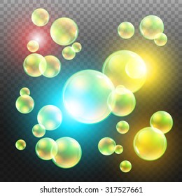 Transparent multicolored soap bubbles vector set on plaid background. Sphere ball, design water and foam, aqua wash illustration art