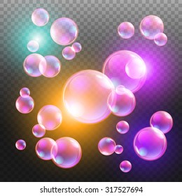 Transparent multicolored soap bubbles vector set on plaid background. Sphere ball, design water and foam, aqua wash illustration art