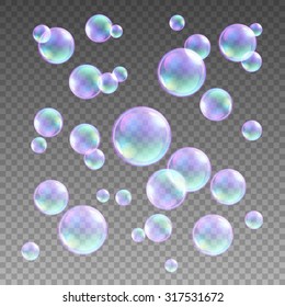 Transparent multicolored soap bubbles vector set on plaid background. Sphere ball, design water and foam, aqua wash illustration art