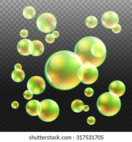 Transparent multicolored soap bubbles vector set on plaid background. Sphere ball, design water and foam, aqua wash illustration art