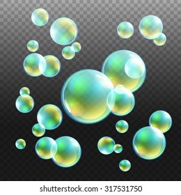 Transparent multicolored soap bubbles vector set on plaid background. Sphere ball, design water and foam, aqua wash illustration art