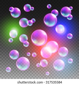 Transparent multicolored soap bubbles vector set on plaid background. Sphere ball, design water and foam, aqua wash illustration art