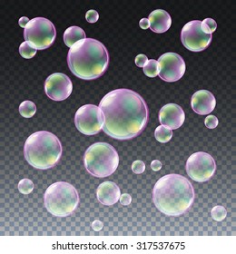 Transparent multicolored soap bubbles vector set on plaid background. Sphere ball, design water and foam, aqua wash illustration art