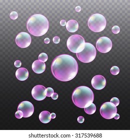 Transparent multicolored soap bubbles vector set on plaid background. Sphere ball, design water and foam, aqua wash illustration art