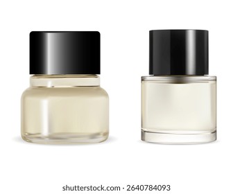 Transparent nail polish base bottle mockup set. Lacquer glass packaging illustration, fingernail cosmetic design. Shellac primer cylinder container template, trendy woman concept