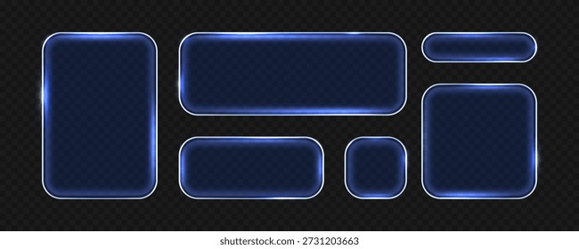 Transparent neon glass frames collection with glowing effect. Futuristic interface design on transparent background. Vector illustration