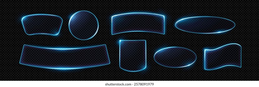 Transparent neon light frames set isolated on background. Vector realistic illustration of round, oval and abstract shape borders, web or mobile app user interface design elements, blank screens