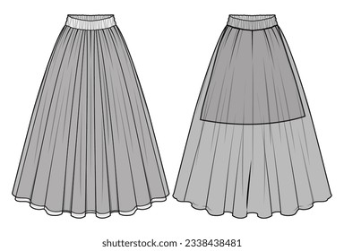 Transparent Net Layer Maxi Skirt Fashion Flat Sketch Vector Illustration, CAD, Technical Drawing, Flat Drawing, Template, Mockup.