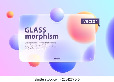 Transparent neumorphism board. Lilac colored frosted glass banner with colorful floating spheres. Vector illustration with text block. Suitable for technology or business corporate homepage.