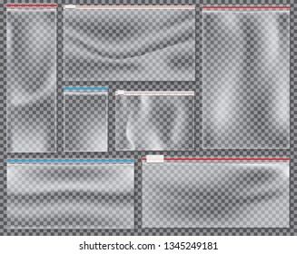 Transparent Nylon Bag with Lock or Zip. Vector Illustration. Set of Isolated Sealed Polythene Packs.