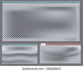 Transparent Nylon Bag with Lock or Zip. Vector Illustration. Set of Isolated Sealed Polythene Packs.