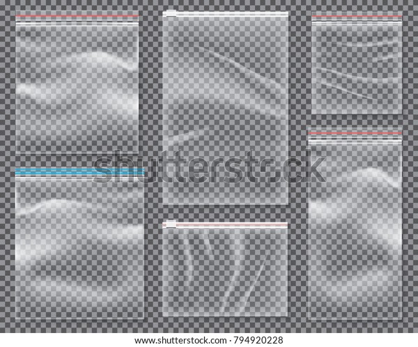 Transparent Nylon Bag with Lock\
or Zip. Vector Illustration. Set of Isolated Sealed Polythene\
Packs.\
