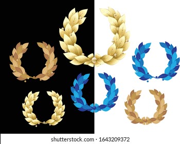 Transparent object original decorated with gold, deep blue and natural colors Laurel wreath with berries isolated on a white and black background. Vector illustration