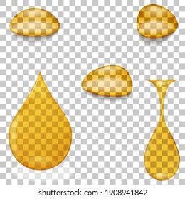 Transparent oil drop isolated on squared background. Icon of yellow drop.