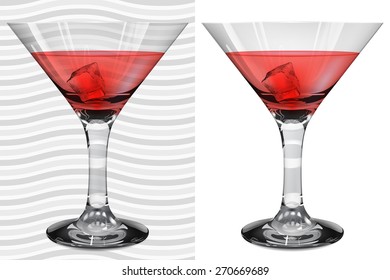 Transparent and opaque realistic full glasses with martini and ice cube