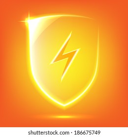 Transparent orange glass shield icon with lightning