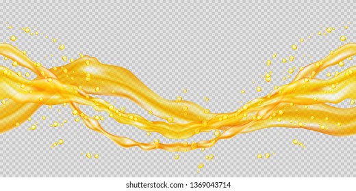 Transparent orange juice splash. Horizontal seamless pattern. The right and left sides of the illustration seamlessly fit together. Realistic vector illustration.