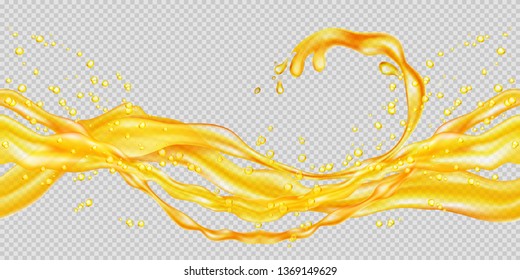 Transparent orange juice splash. Horizontal seamless pattern. The right and left sides of the illustration seamlessly fit together. Realistic vector illustration.