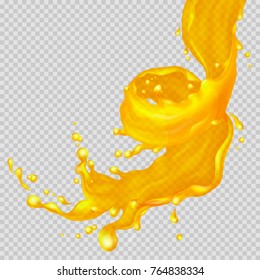 Transparent orange liquid splash flowing in a spiral. Juice background. Vector illustration. 