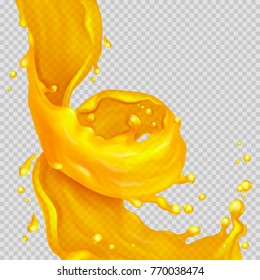 Transparent orange liquid splash flowing in a spiral. Juice background. Vector illustration. 