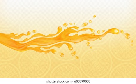 Transparent orange liquid splash. Juice background. Water, honey, oil, juice, beer, shampoo. Vector illustration.