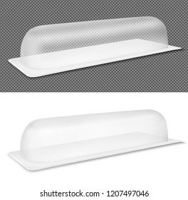 Transparent oval plastic or glass packaging.