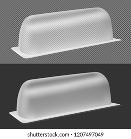 Transparent oval plastic or glass packaging.