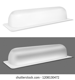 Transparent oval plastic or glass packaging.