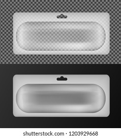 Transparent oval plastic packaging with hang slot.
