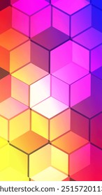 Hexágonos transparentes de la superposición con el fondo abstracto rojo amarillo de la malla azul del gradiente agradable para el Fondo de pantalla o el Anuncio