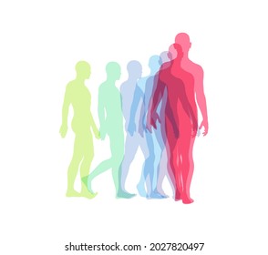 Transparent overlapping colors silhouettes. Walking man. Animation frames. Vector illustration for print, web site, poster, placard or wallpaper. 