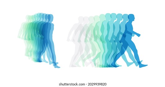 Transparent overlapping colors silhouettes. Walking man. Animation frames. Vector illustration for print, web site, poster, placard or wallpaper. 