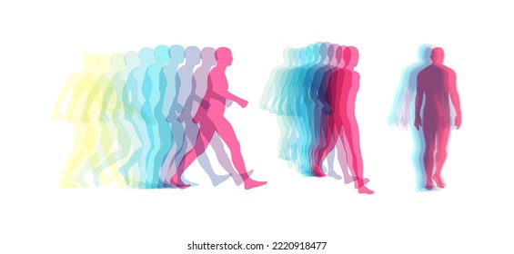 Transparent overlapping colors silhouettes. Walking man. Animation frames. Vector illustration for print, web site, poster, placard or wallpaper. 