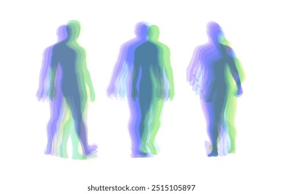 Transparente überlappende Farben Silhouetten. Ein wandelnder Mann. Animationsrahmen. Vektorgrafik für Druck, Website, Poster, Plakat oder Tapete. 