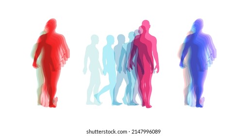 Transparent overlapping silhouettes of people. Walking men. Animation frames. Business concept for advertising. Team leader. 3d vector illustration. 